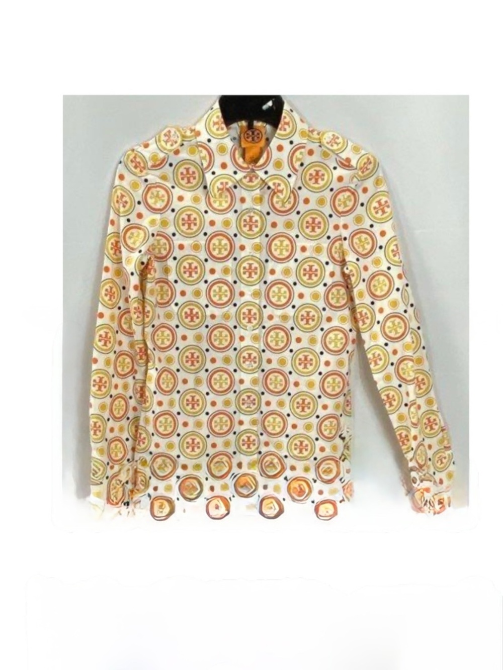 NWOT Tory Burch Women's Orange Geometric Long Sleeve Blouse, Size 2